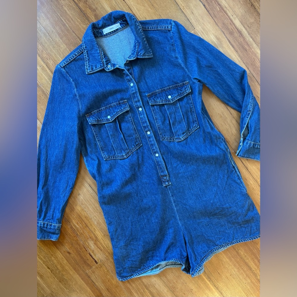 Mango Denim Western Long Sleeve Snap Front Romper XS